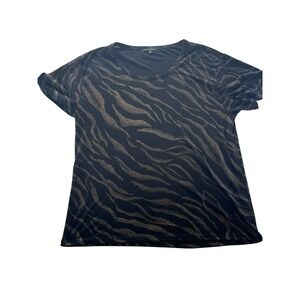 CHAUS SPORT Womens XL Black Gold Glitter Zebra Print Short Sleeve T Shirt Top